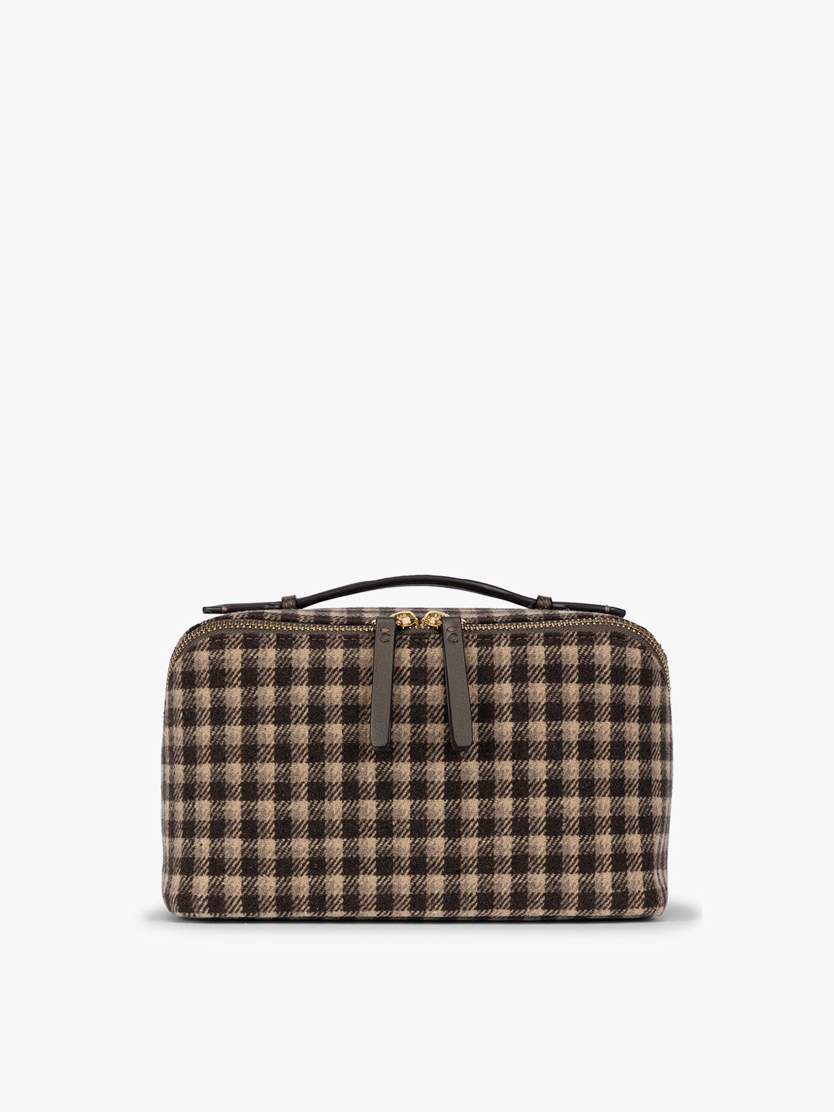 Toiletry bag with zipper and top handle in a brown plaid from CALPAK in Mushroom Plaid shown against a grey background; CLTB2601-MUSHROOM-PLAID