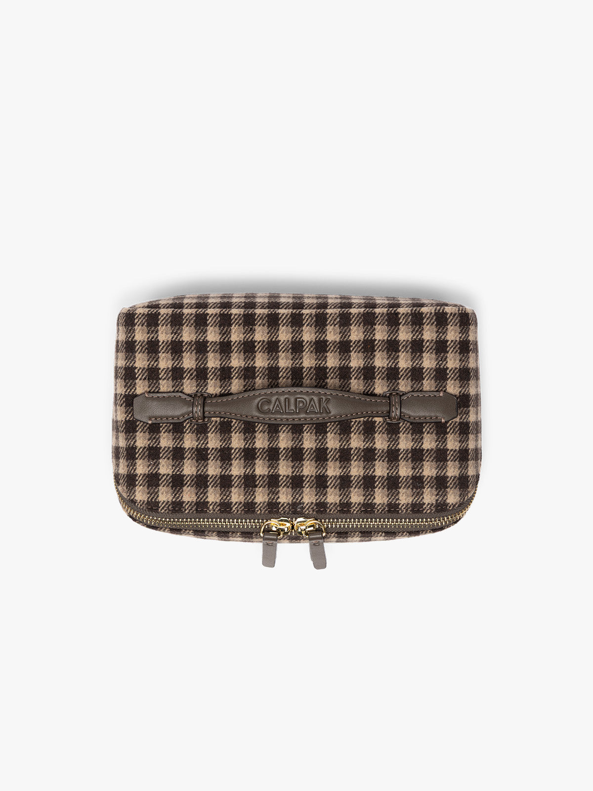 Top view showing handles of the toiletry bag with zipper and top handle in a brown plaid from CALPAK in Mushroom Plaid shown against a grey background; CLTB2601-MUSHROOM-PLAID