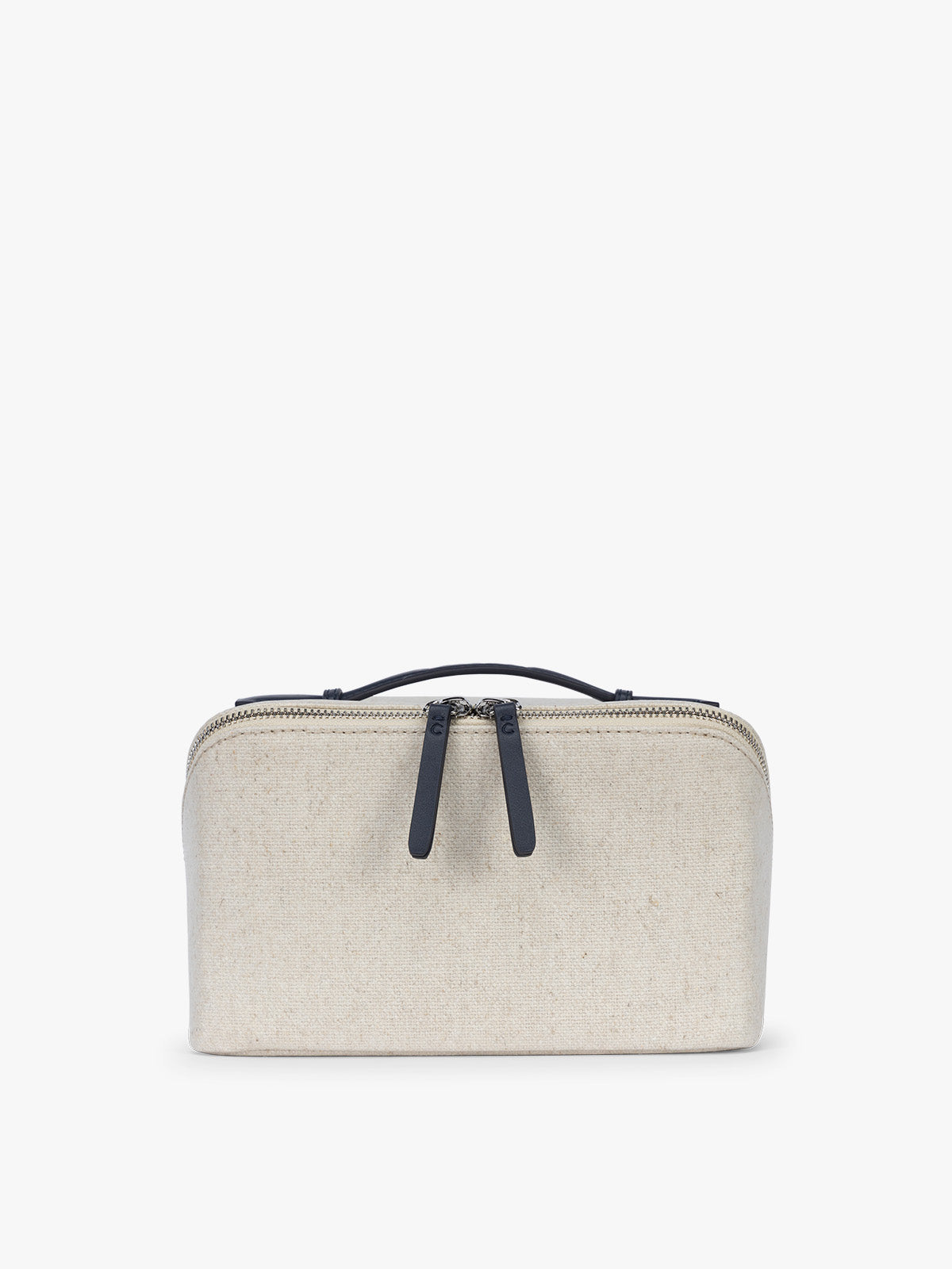 CALPAK Colette Lay-Flat Canvas Toiletry Bag in beige canvas material and blue finishing; CLTB2601-NATURAL-NAVY