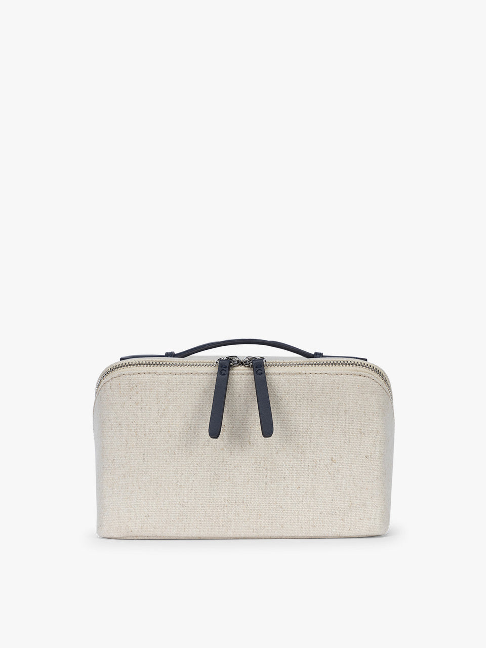 CALPAK Colette Lay-Flat Canvas Toiletry Bag in beige canvas material and blue finishing; CLTB2601-NATURAL-NAVY