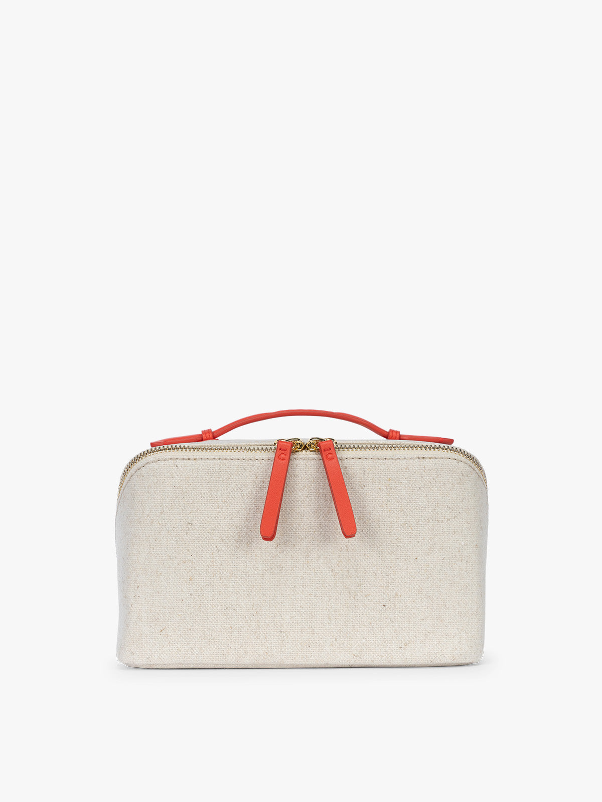 CALPAK Colette Lay-Flat Canvas Toiletry Bag in beige material and red finishing; CLTB2601-NATURAL-TOMATO