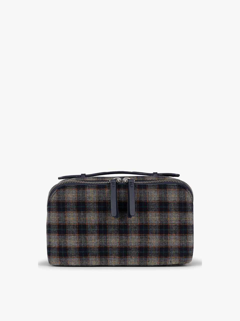 Toiletry bag with zipper and top handle in a grey and navy plaid from CALPAK in Navy Plaid shown against a grey background; CLTB2601-NAVY-PLAID