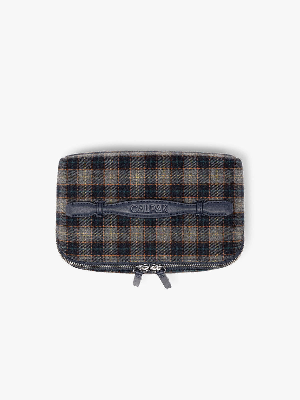 Top down view showing handle of the toiletry bag with zipper and top handle in a grey and navy plaid from CALPAK in Navy Plaid shown against a grey background; CLTB2601-NAVY-PLAID