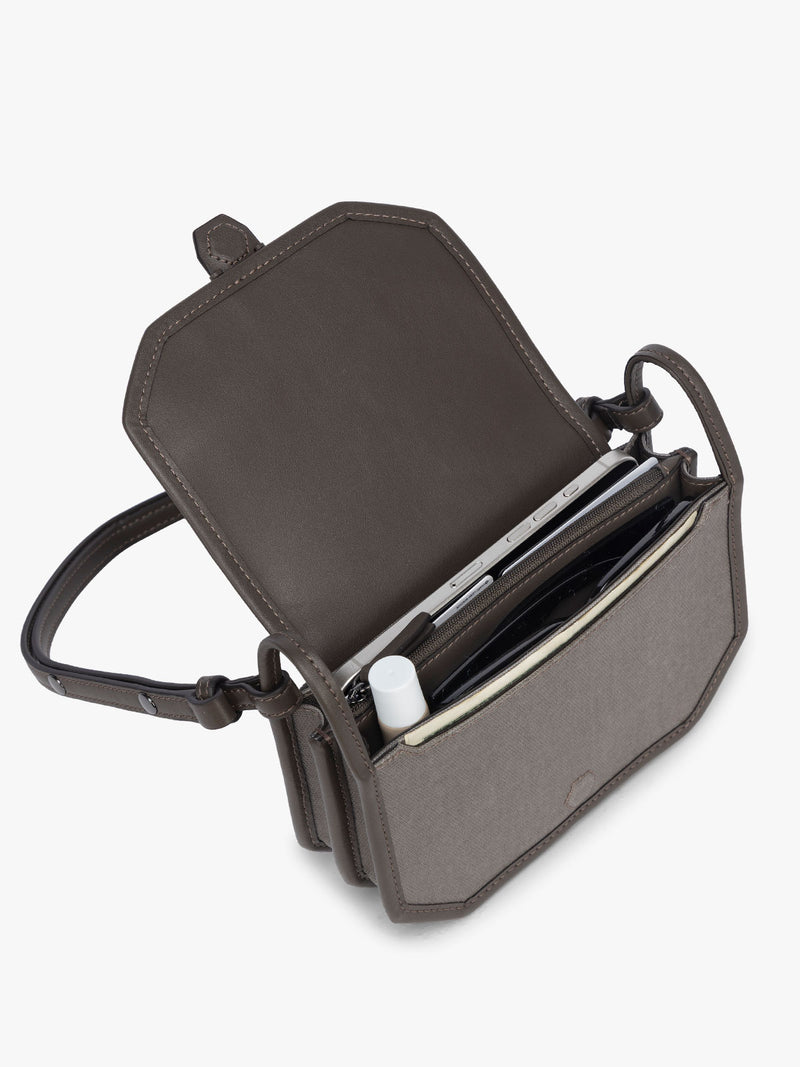 Opened CALPAK Colette Canvas Crossbody Wallet Bag in brown canvas material