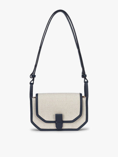 CALPAK Colette Canvas Crossbody Wallet Bag in Natural Brown with beige canvas and blue finishing; CLWC2601-NATURAL-NAVY view 1