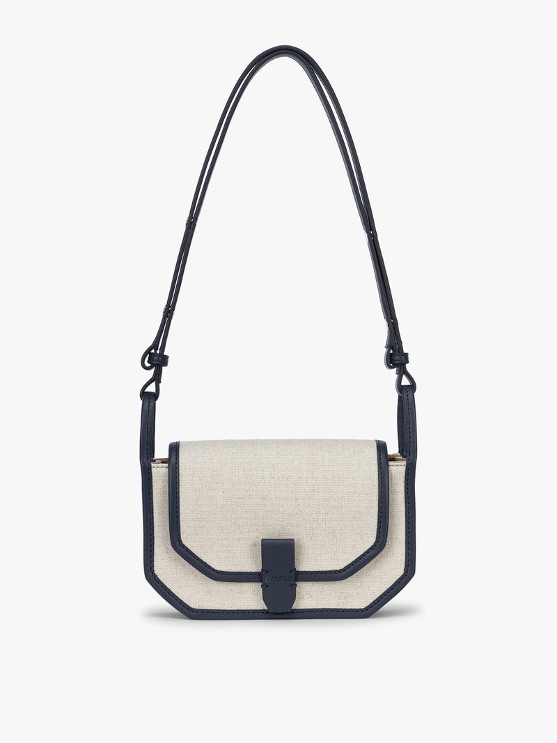 CALPAK Colette Canvas Crossbody Wallet Bag in Natural Brown with beige canvas material and blue finishing