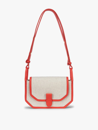 CALPAK Colette Canvas Crossbody Wallet Bag in Natural Brown with beige canvas material and red finishing; CLWC2601-NATURAL-TOMATO view 1