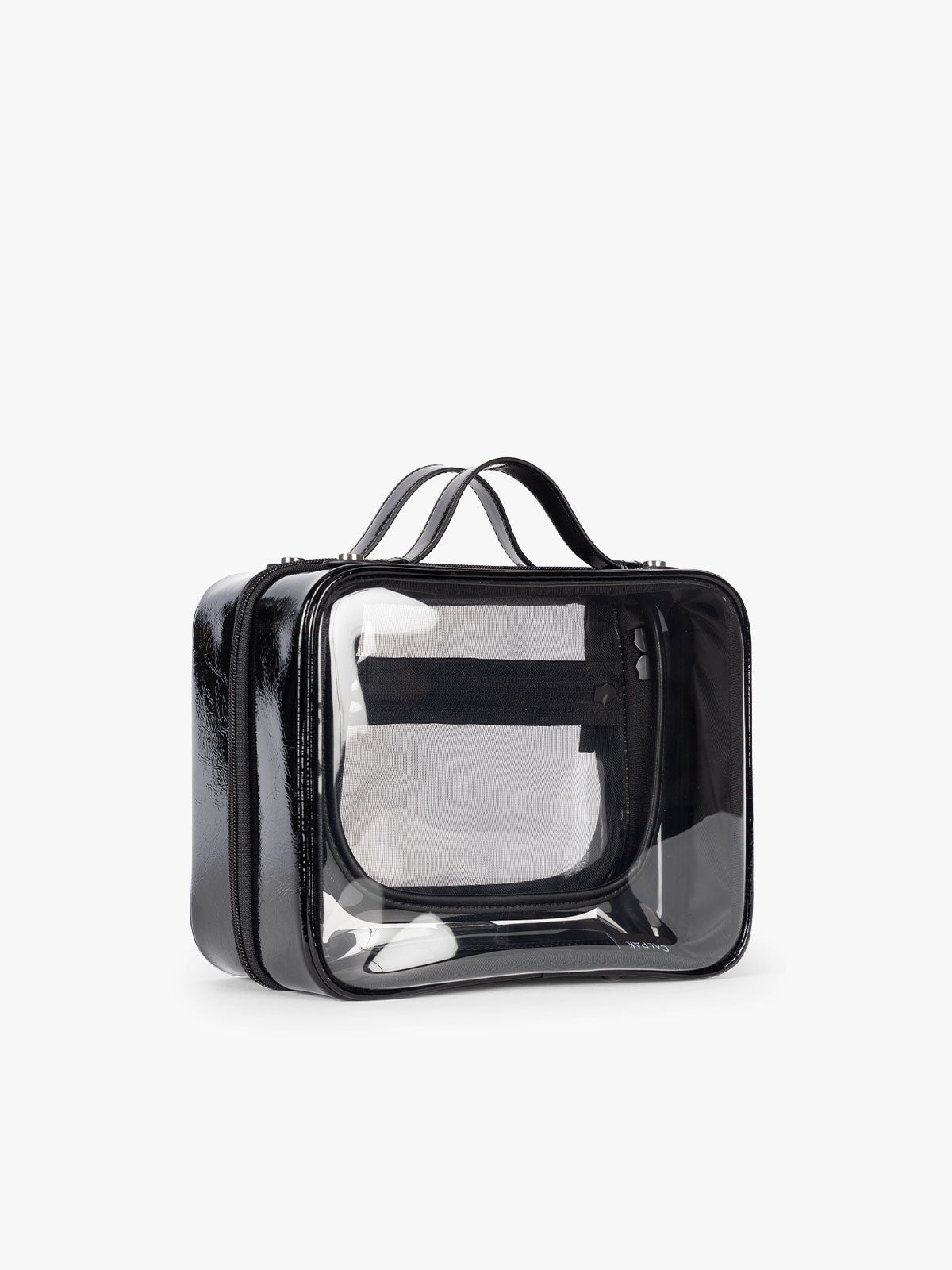 CALPAK Medium Clear Cosmetic Case in Glazed Black side view on a white background; CMM2201-GLAZED-BLACK