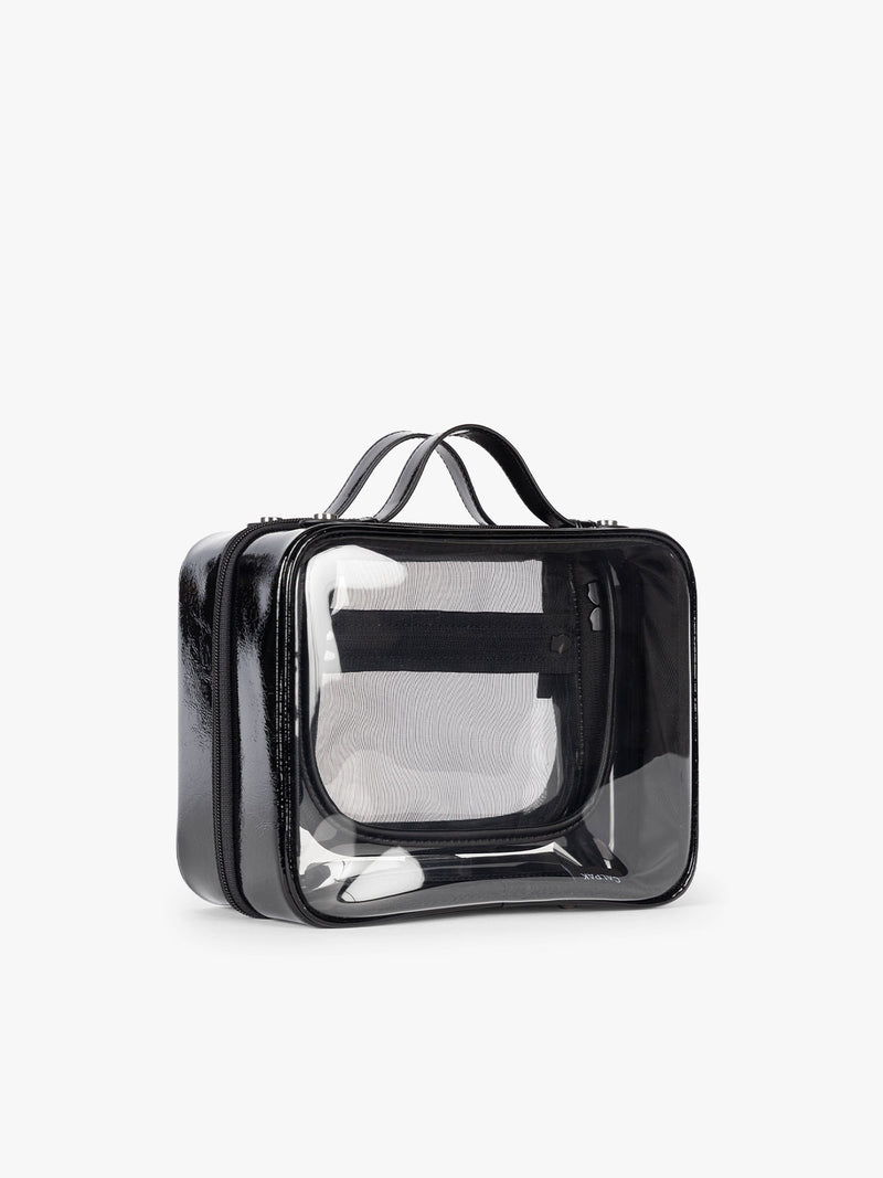 CALPAK Medium Clear Cosmetic Case in Glazed Black side view on a white background