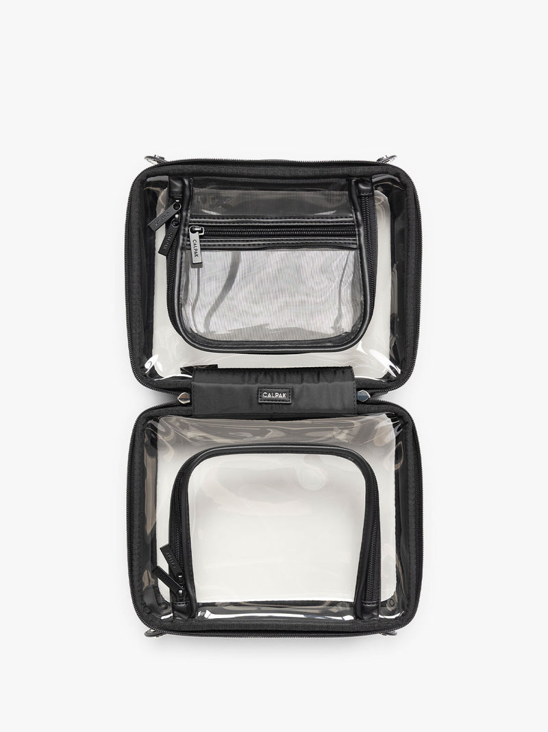 CALPAK Medium Clear Cosmetic Case in Glazed Black opened view on a white background