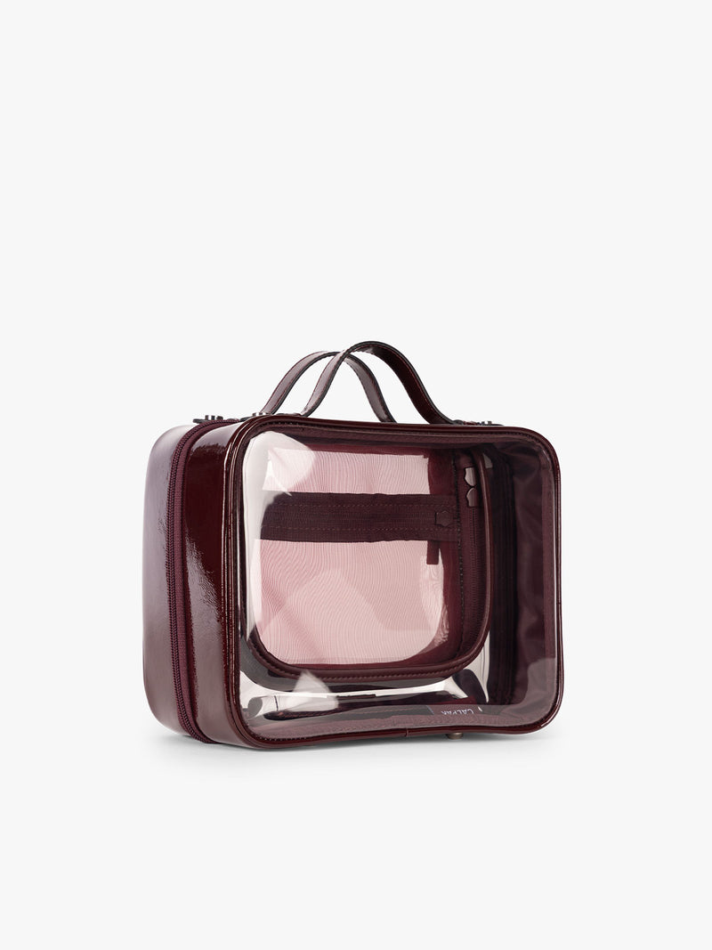 CALPAK Medium Clear Cosmetic Case in maroon Glazed Dark Cherry side view on a white background