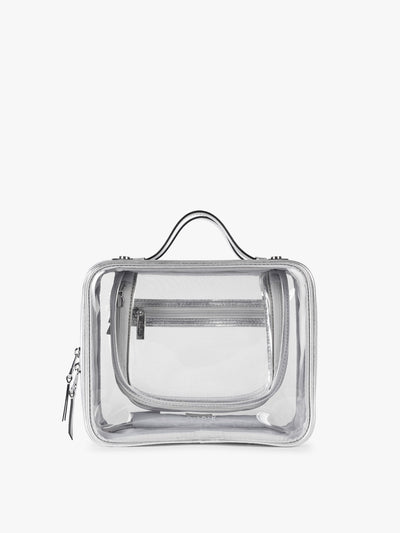 CALPAK Medium Clear Cosmetic Case in Silver on a white background; CMM2201-SILVER view 1