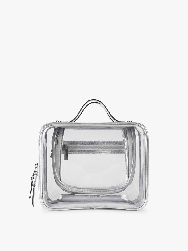 CALPAK Medium Clear Cosmetic Case in Silver on a white background