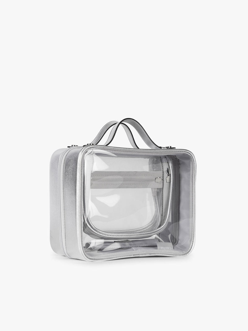 CALPAK Medium Clear Cosmetic Case side view in Silver on a white background