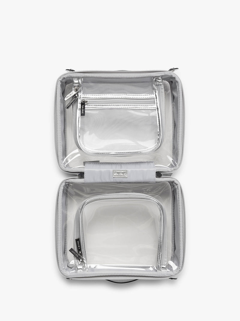 CALPAK Medium Clear Cosmetic Case in Silver opened view on a white background