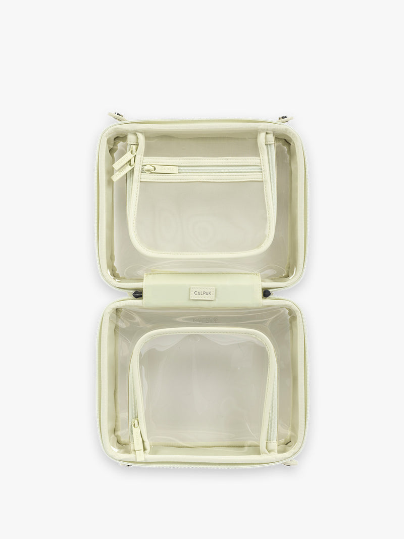 Opened view of CALPAK Medium Clear Cosmetic Case in light green Celadon