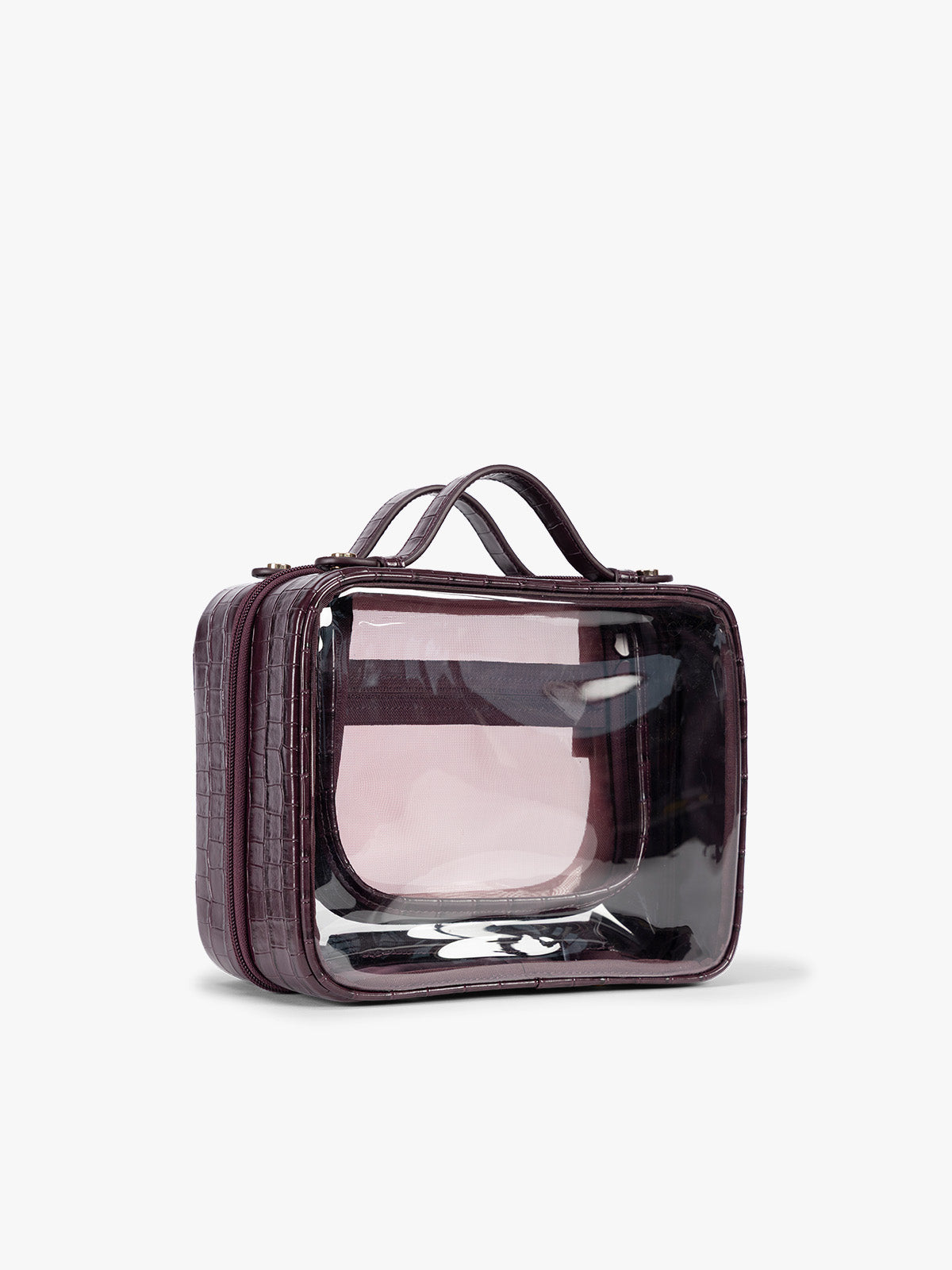 Side view of CALPAK Medium Clear Cosmetics Case that is a transparent pouch with a deep red Dark Cherry in crocodile-embossed; CMM2201-DARK-CHERRY-FAUX-CROC