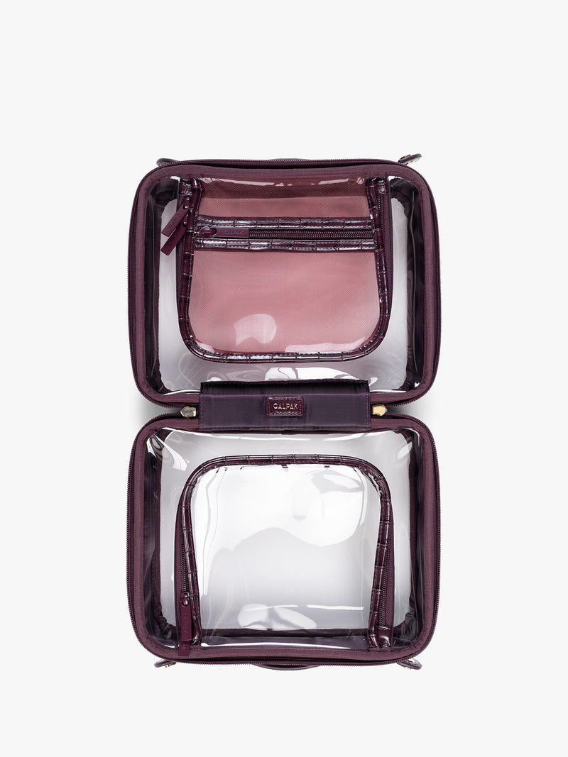 Opened CALPAK Medium Clear Cosmetics Case that is a transparent pouch with a deep red Dark Cherry in crocodile-embossed