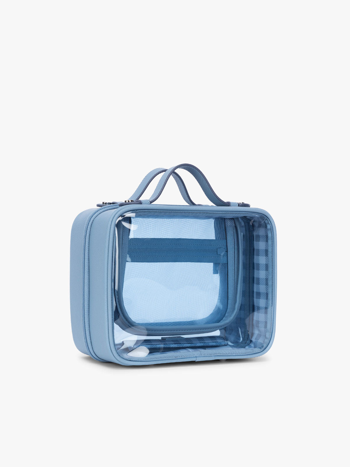 Side view of CALPAK Clear Cosmetic Case in light blue French Blue; CMM2201-FRENCH-BLUE