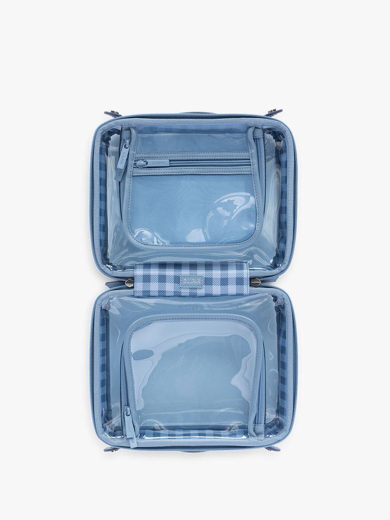 Opened view of CALPAK Clear Cosmetic Case in light blue French Blue