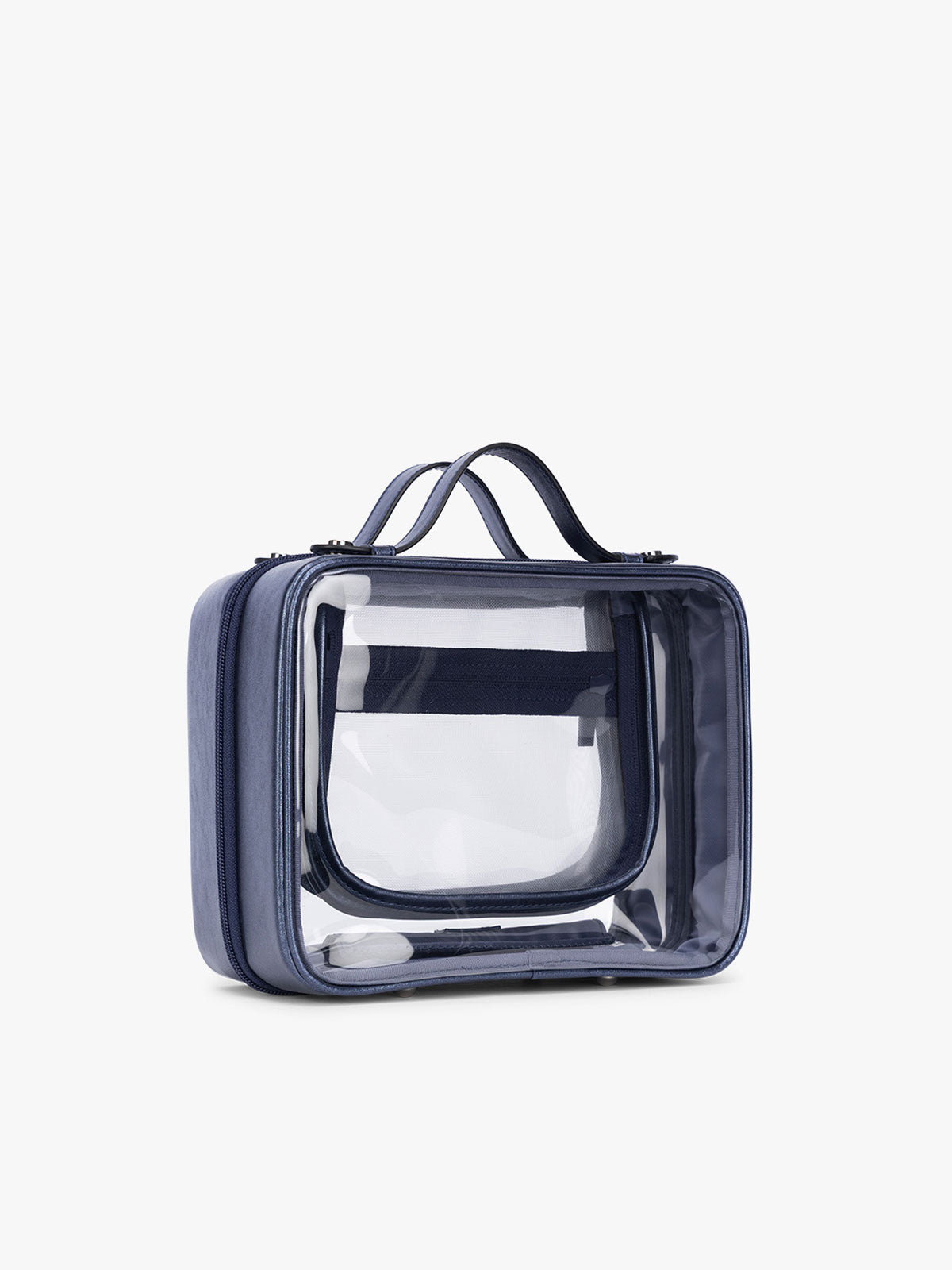 Side view of CALPAK Clear Cosmetic Case in dark blue French Blue; CMM2201-METALLIC-INDIGO