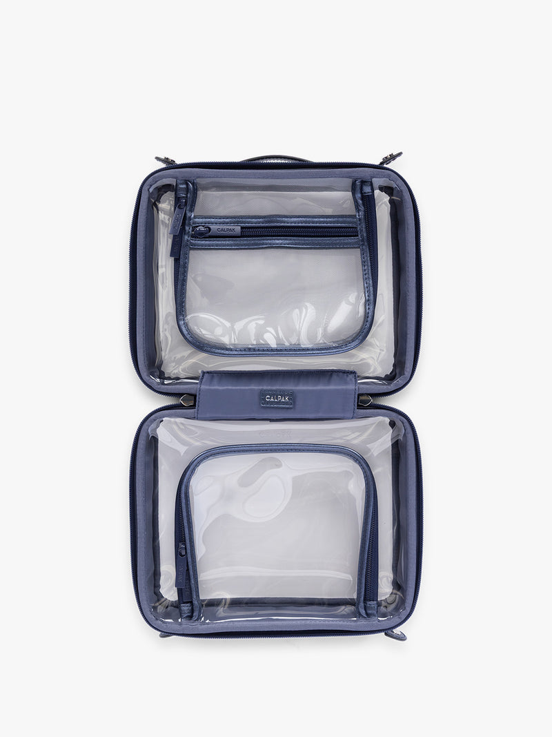 Opened view of CALPAK Clear Cosmetic Case in dark blue French Blue