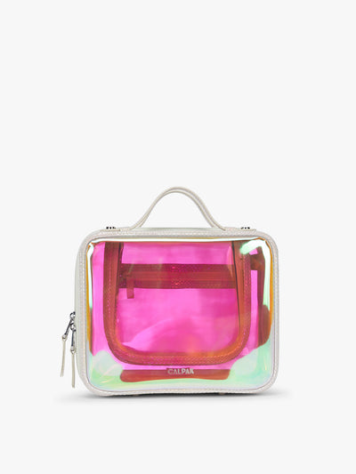 CALPAK Medium Clear Cosmetics Case with white border and iridescent, holographic, and transparent case in Moonbeam on a white background; CMM2201-MOONBEAM view 1