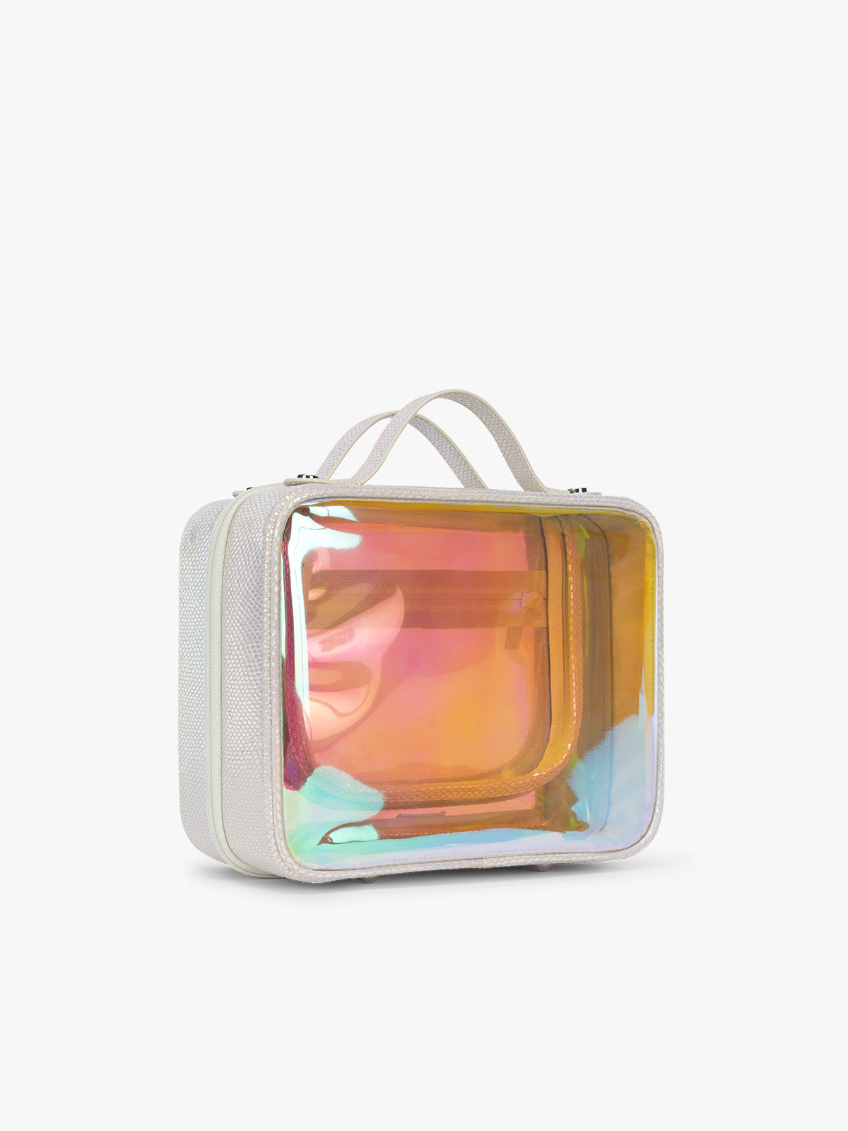 Side view of the CALPAK Medium Clear Cosmetics Case with white border and iridescent, holographic, and transparent case in Moonbeam on a white background; CMM2201-MOONBEAM