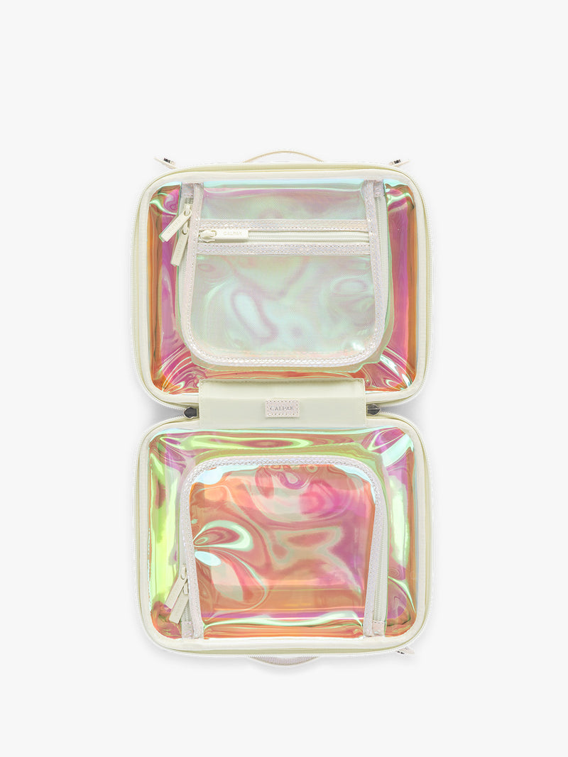 Opened CALPAK Medium Clear Cosmetics Case with white border and iridescent, holographic, and transparent case in Moonbeam on a white background