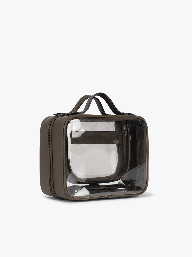 Side view of CALPAK Medium Clear Cosmetic Case in brown