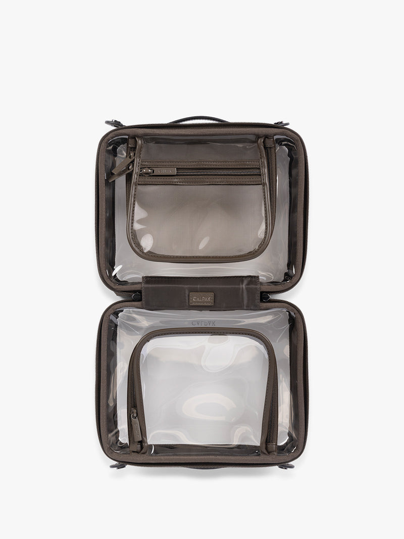 Opened view of CALPAK Medium Clear Cosmetic Case in brown