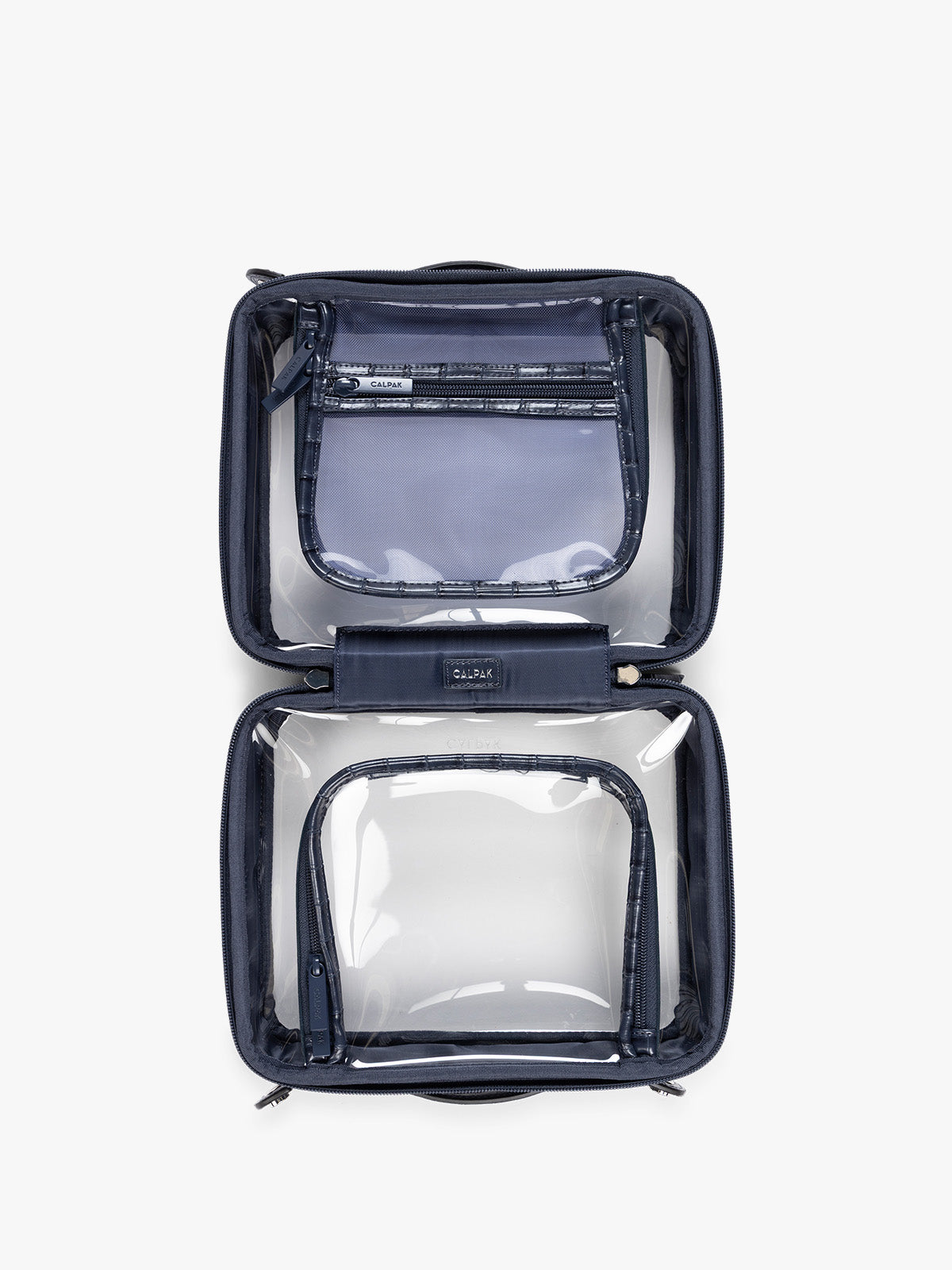 Opened CALPAK Medium Clear Cosmetics Case that is a transparent pouch with a deep blue Navy in crocodile-embossed; CMM2201-NAVY-FAUX-CROC