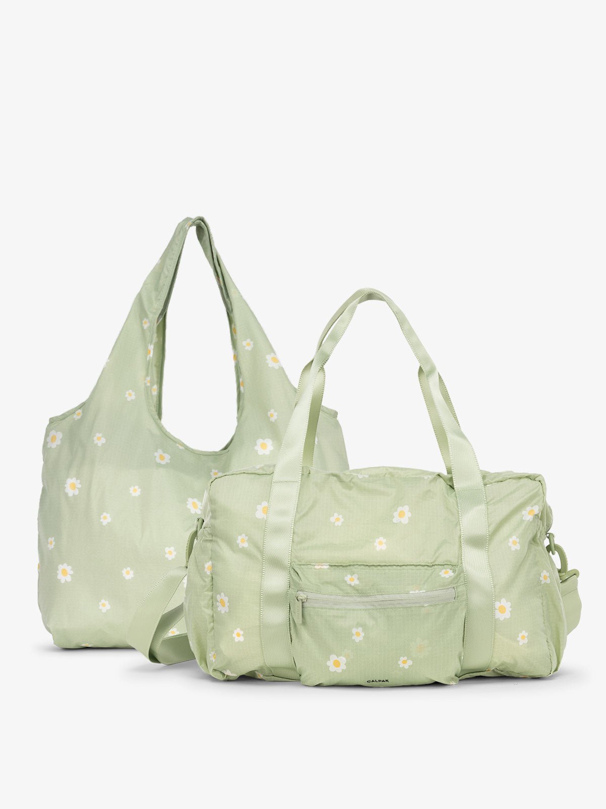 CALPAK Compakt Duo with tote bag and duffel bag in green daisy