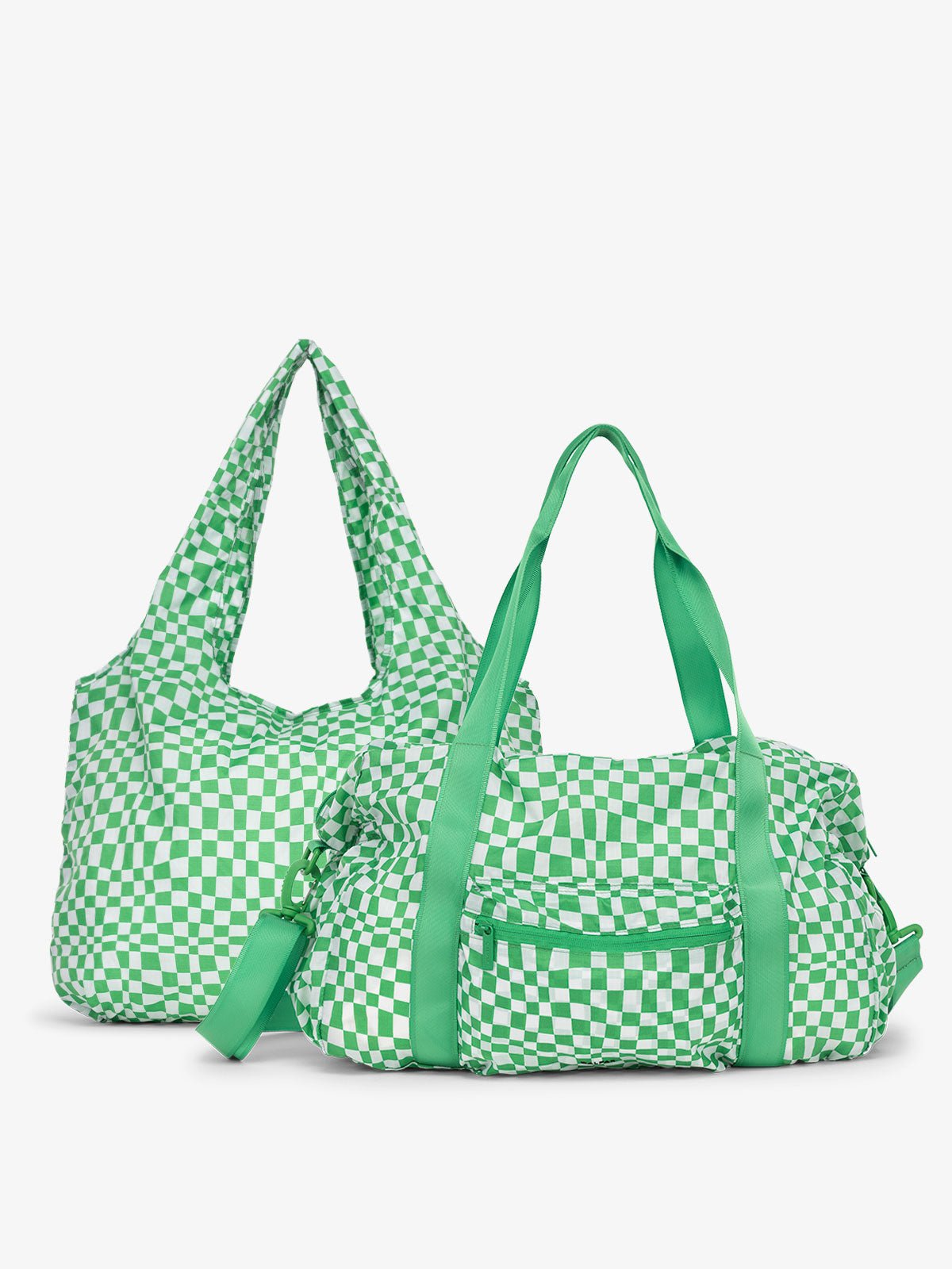 CALPAK Compakt Duo with tote bag and duffel bag in green checkerboard