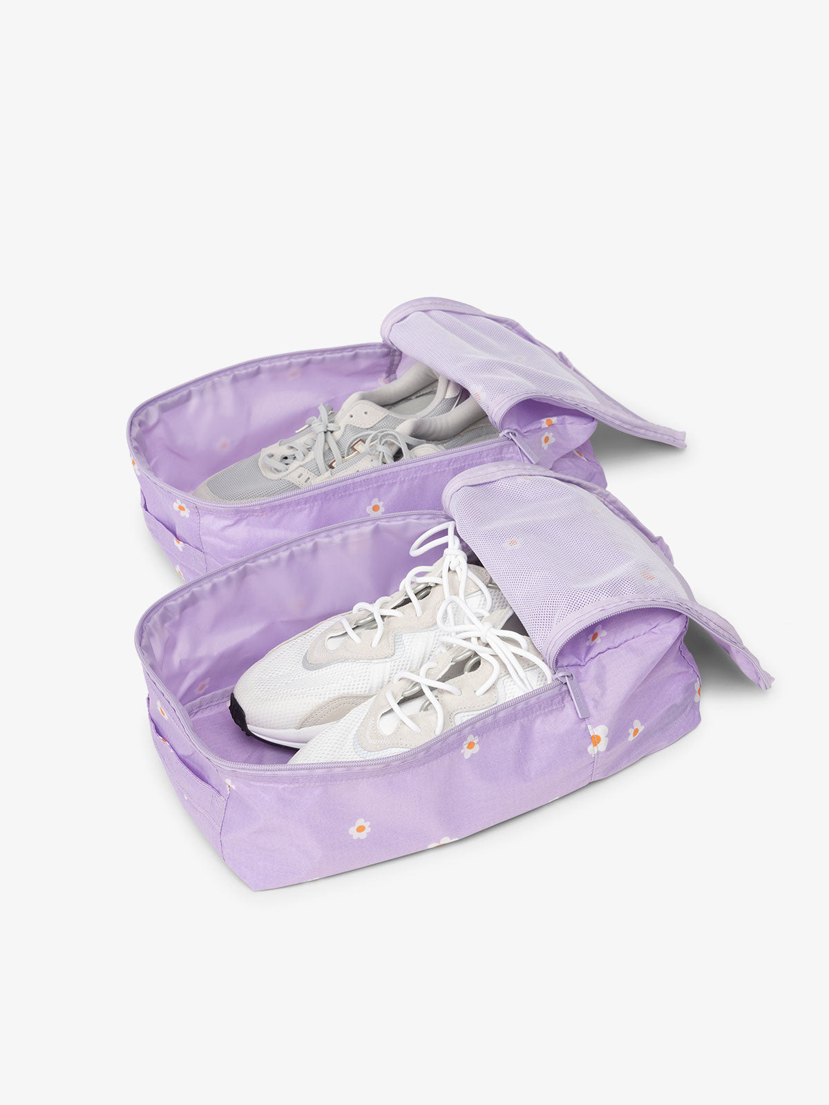 CALPAK Compakt shoe bag set with mesh pockets for travel in purple floral print; KSB2001-ORCHID-FIELDS