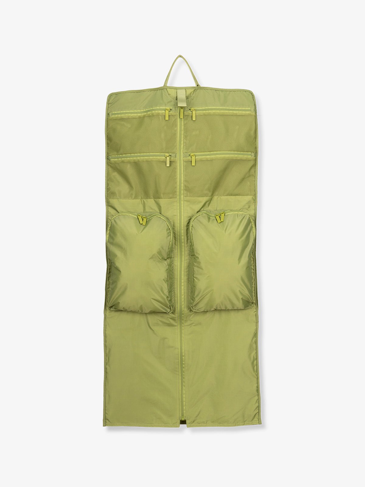 CALPAK Compakt small carry on garment bag made with water resistant ripstop nylon and multiple pockets in palm green