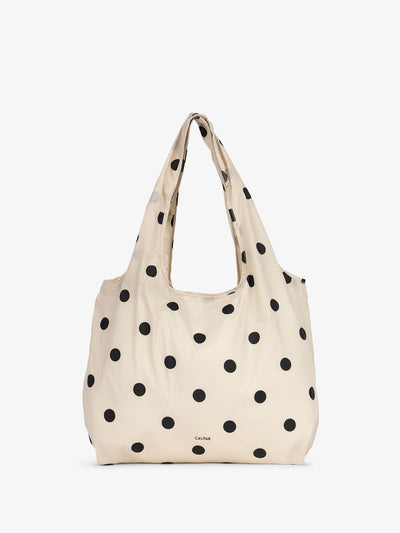 CALPAK Nylon foldable tote bag for grocery shopping in Black and White polka dot print; KTB2001-POLKA-DOT view 1