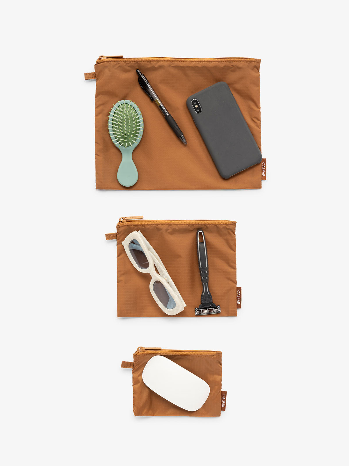 CALPAK Compakt 3 piece zippered pouch set in 3 sizes with water resistant material in brown; KZB2001-CAMEL