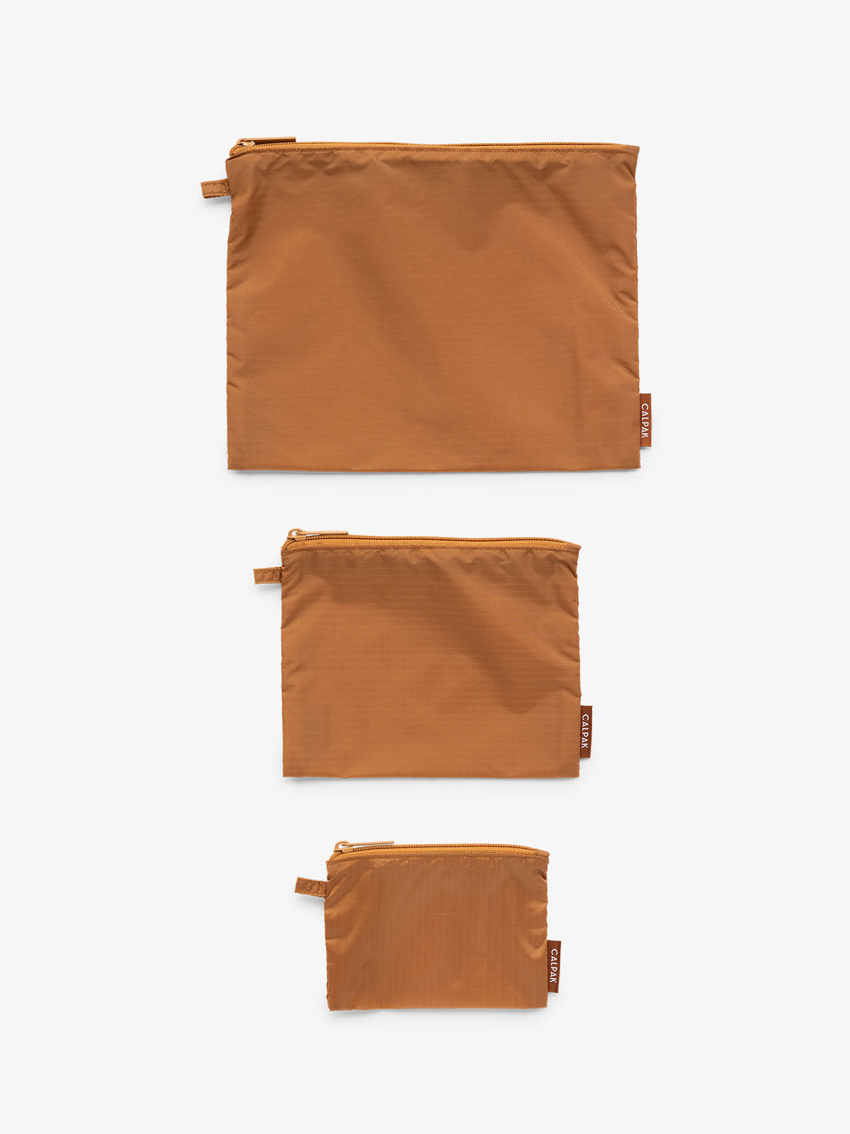 CALPAK Compakt water resistant zippered pouch set for organization in camel brown; KZB2001-CAMEL