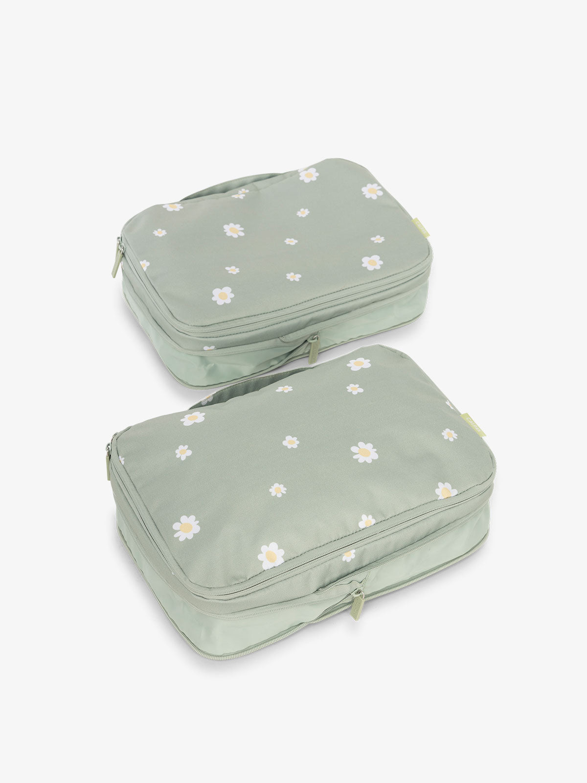 CALPAK compression packing cubes with handles in green daisy floral print; PCC2201-DAISY