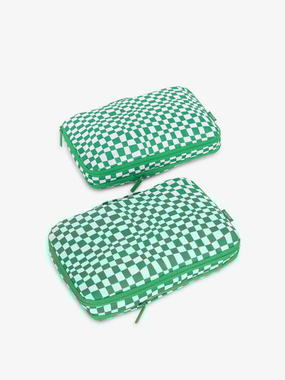 CALPAK compression packing cubes in green checkerboard; PCC2201-GREEN-CHECKERBOARD