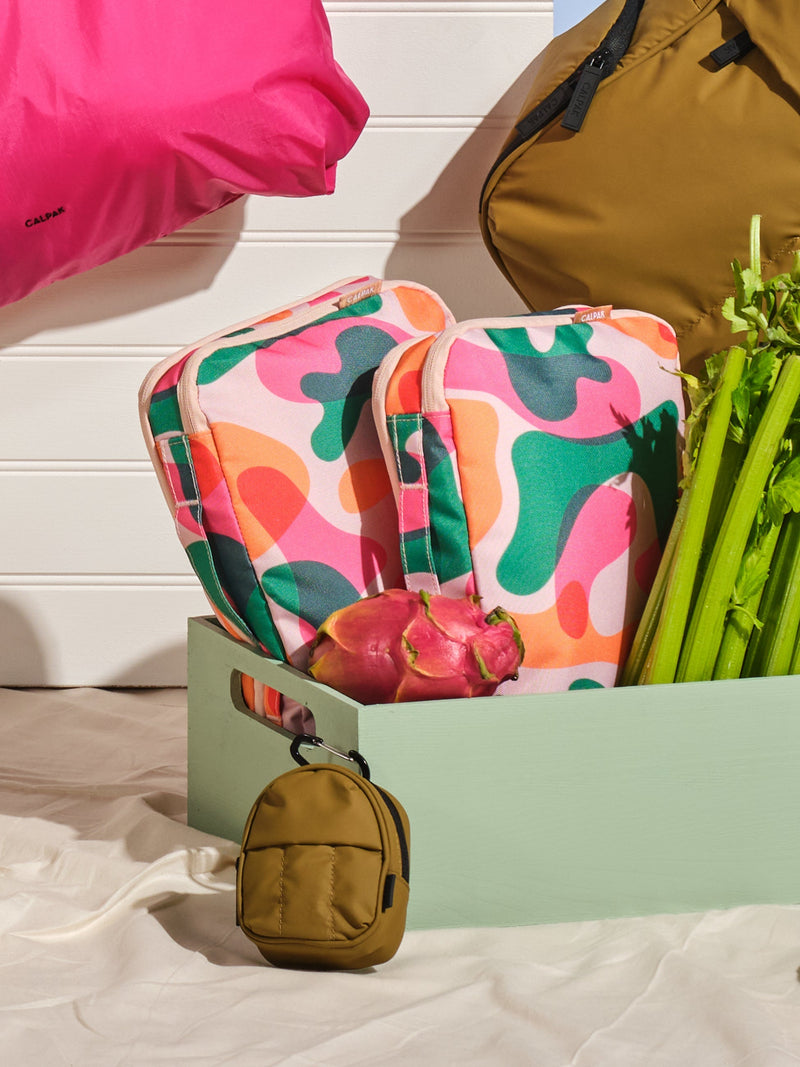 CALPAK compression packing cubes with handles in modern abstract print