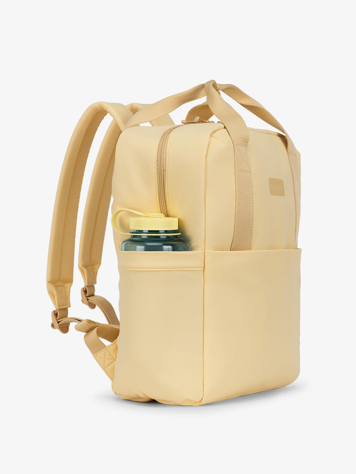 CALPAK Connect Laptop Backpack with large side water bottle pocket in sunshine yellow; BCN2401-SUNSHINE