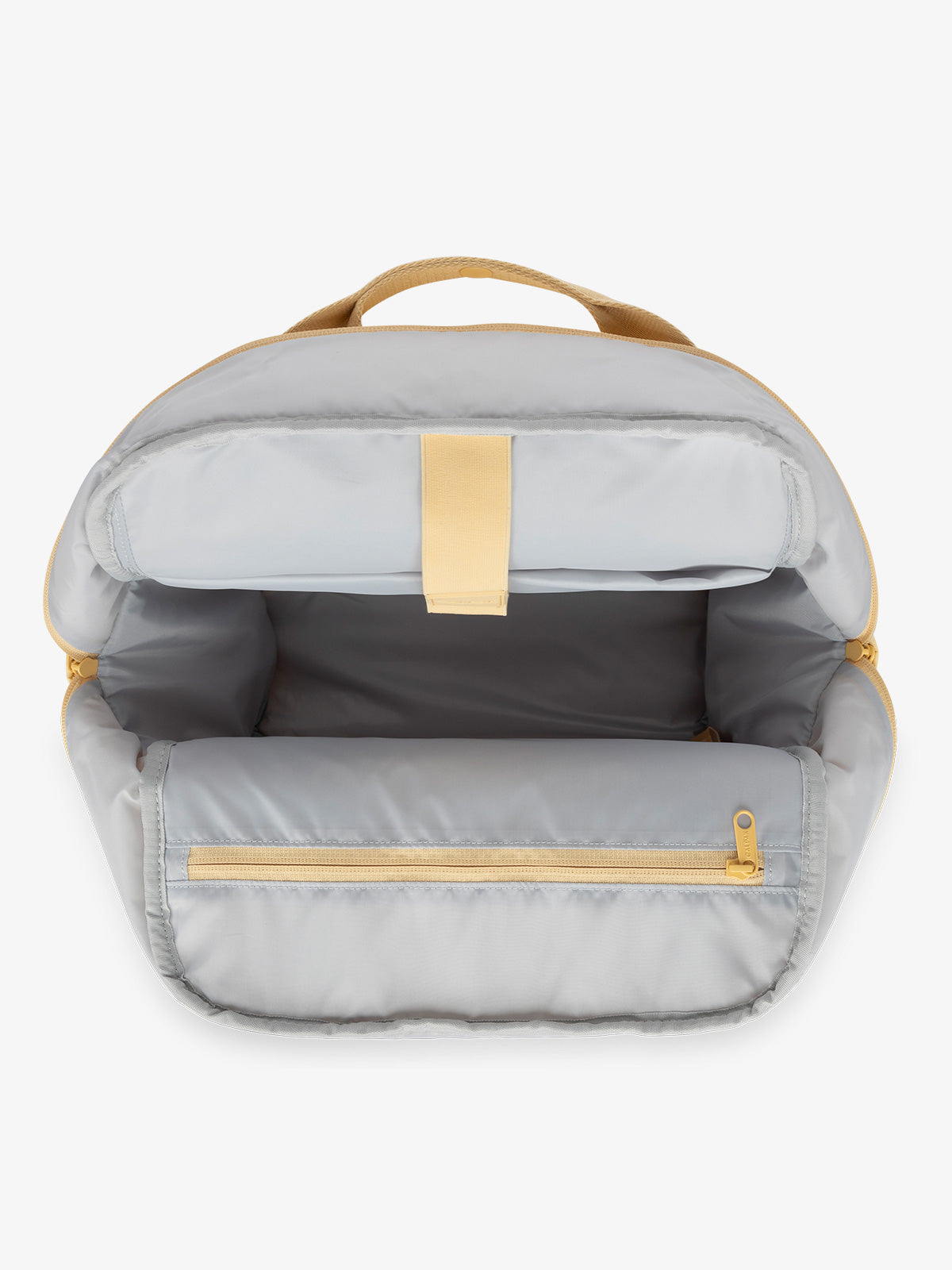 CALPAK Connect Laptop Backpack with multiple interior pockets and a padded laptop sleeve with yellow exterior, gray interior; BCN2401-SUNSHINE