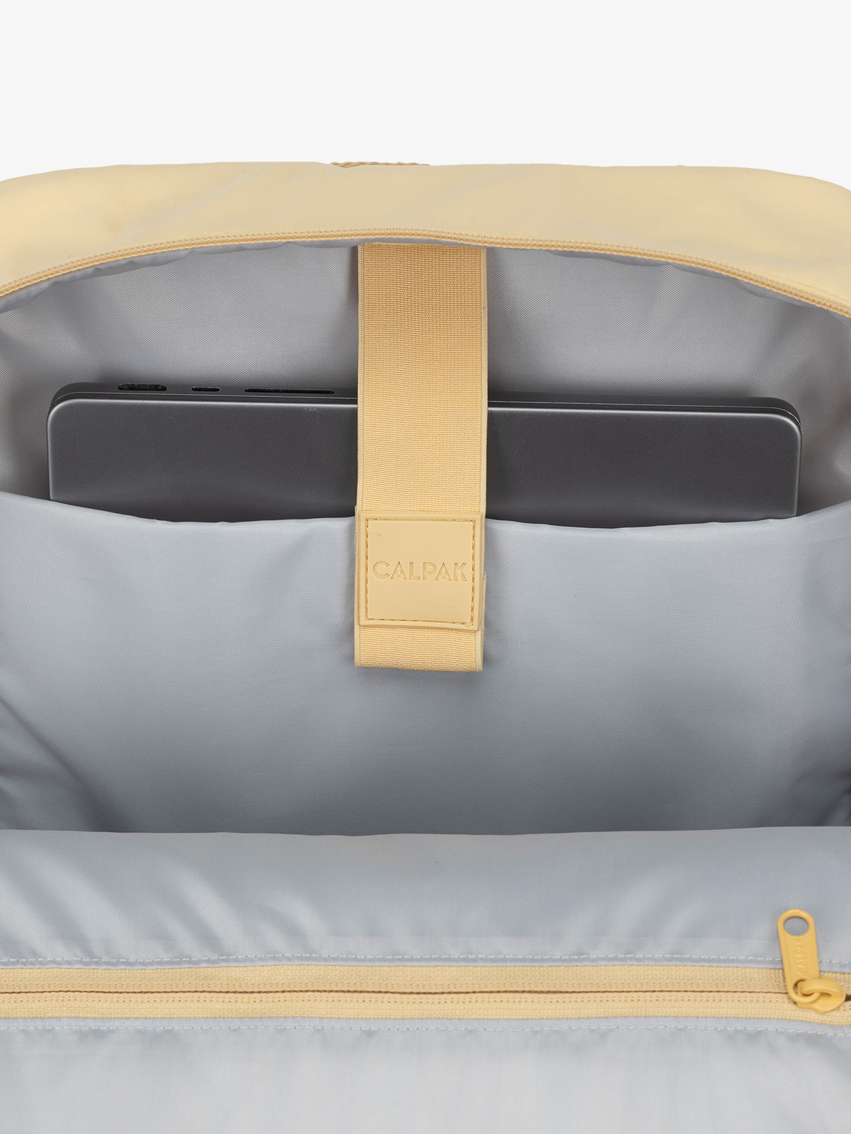 CALPAK Connect Laptop Backpack with laptop sleeve fitting laptop up to 16" with yellow exterior, gray interior; BCN2401-SUNSHINE