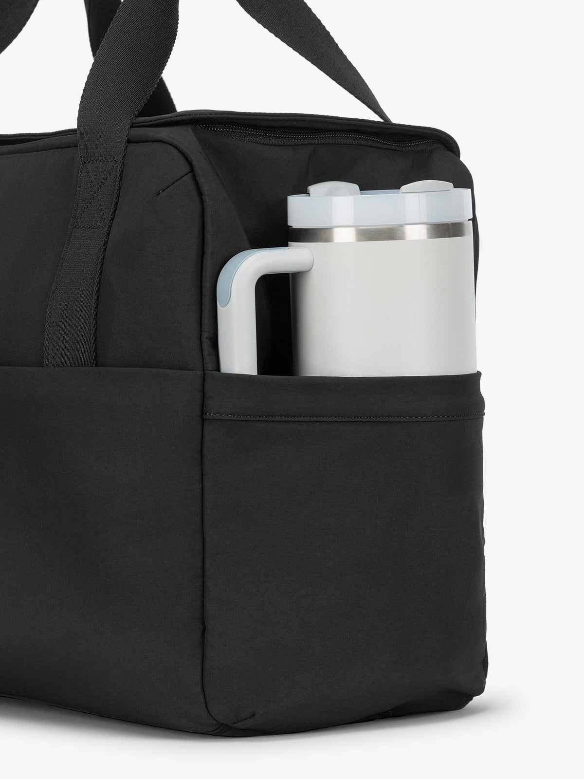 CALPAK Connect laptop duffel with large side water bottle pocket in black; DCN2401-BLACK
