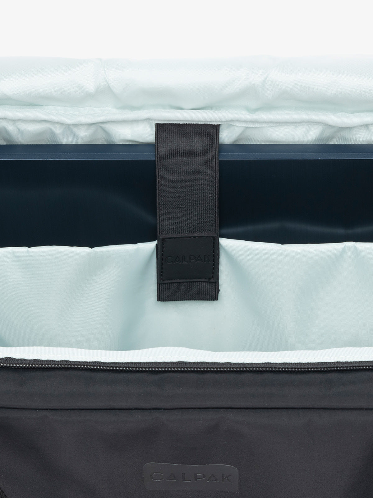CALPAK Connect Laptop Duffel with padded laptop sleeve for laptop up to 17" with black exterior, blue interior; DCN2401-BLACK