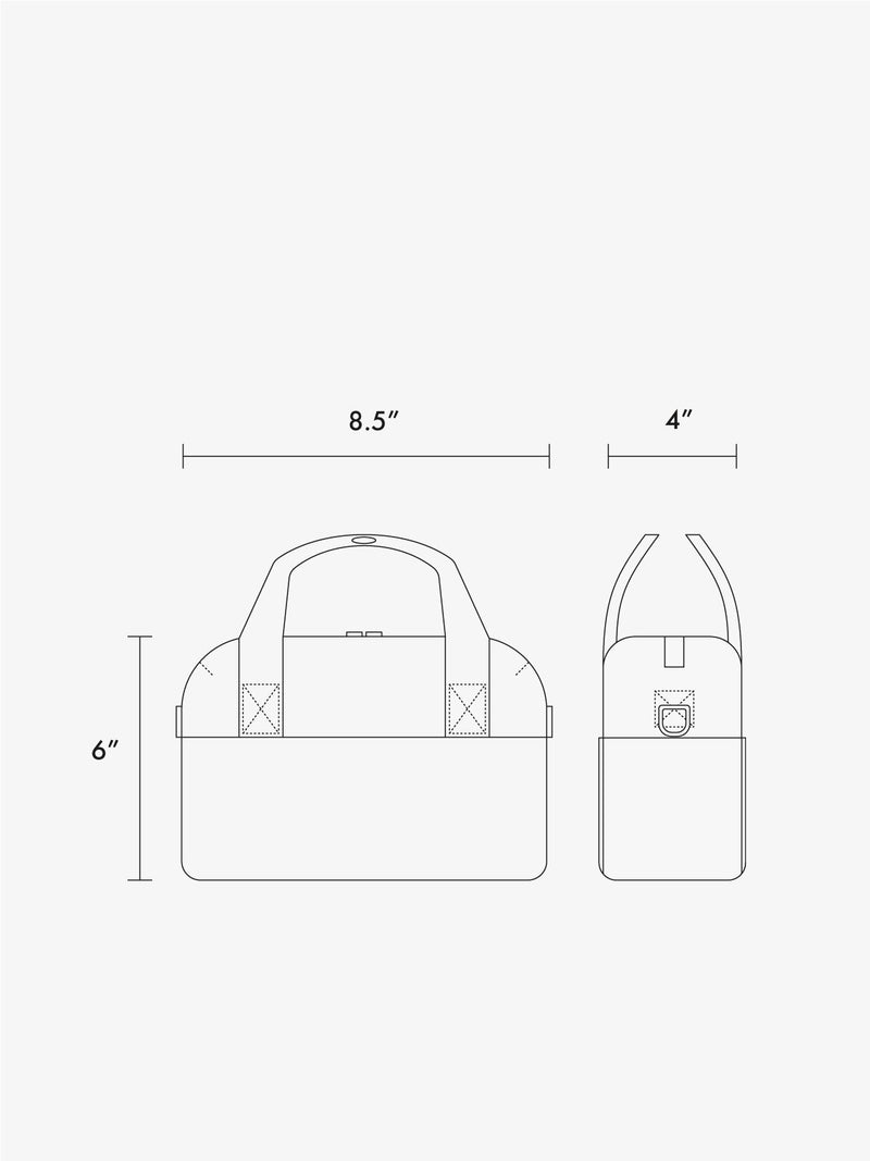 CALPAK Connect Crossbody Bag line diagram drawing showing 6" x 8.5" x 4"
