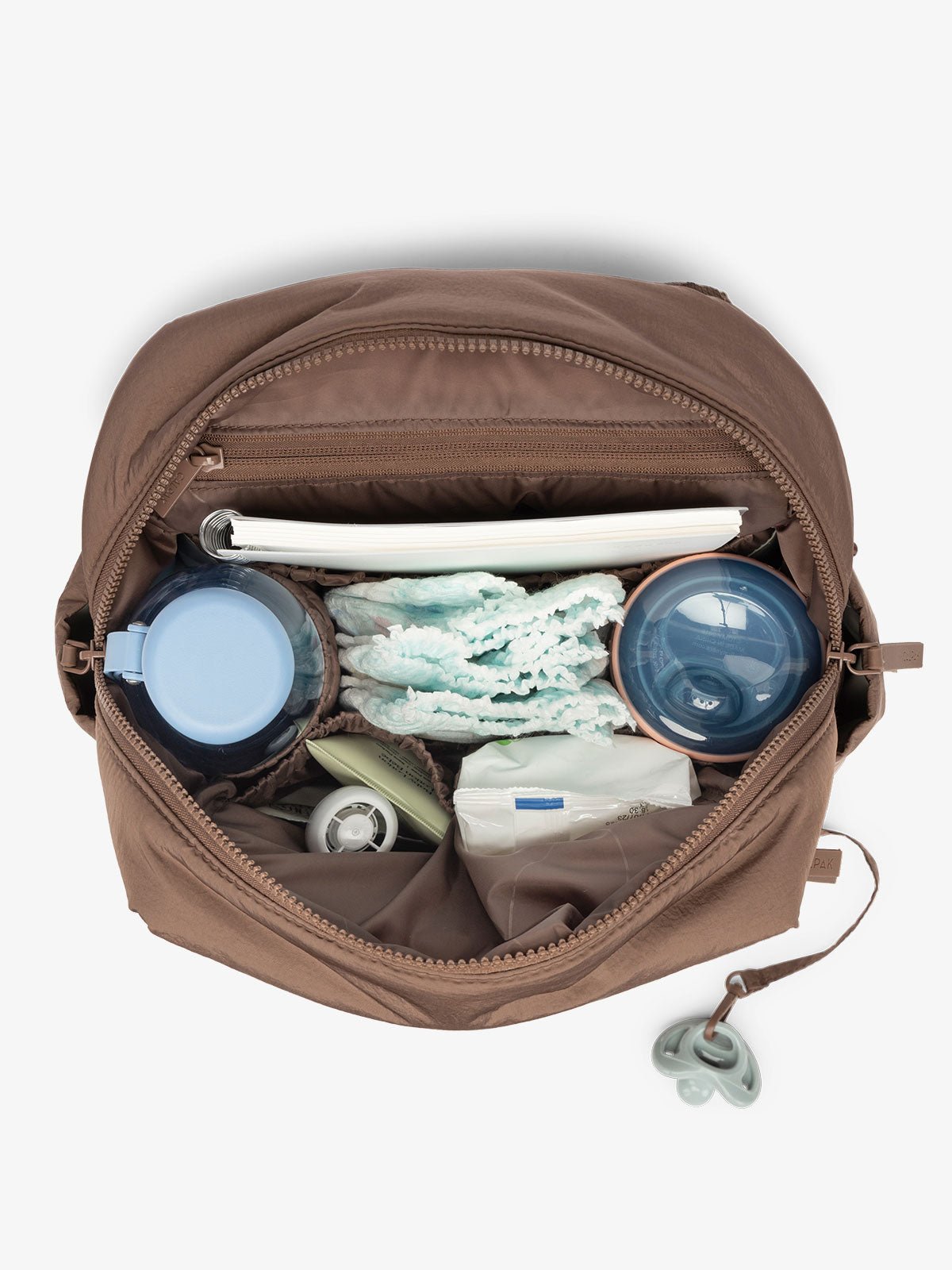 CALPAK mini diaper backpack with multiple interior pockets, bottle pockets, and 11 inch tablet sleeve in hazelnut brown