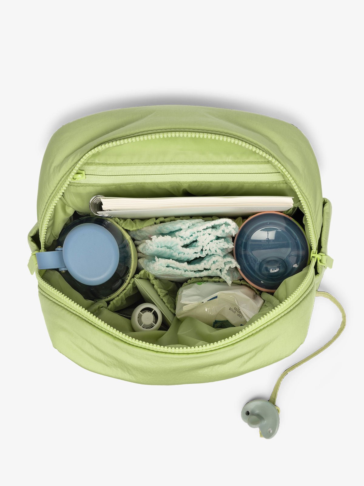 CALPAK mini diaper backpack with multiple interior pockets, bottle pockets, and 11 inch tablet sleeve in lime green